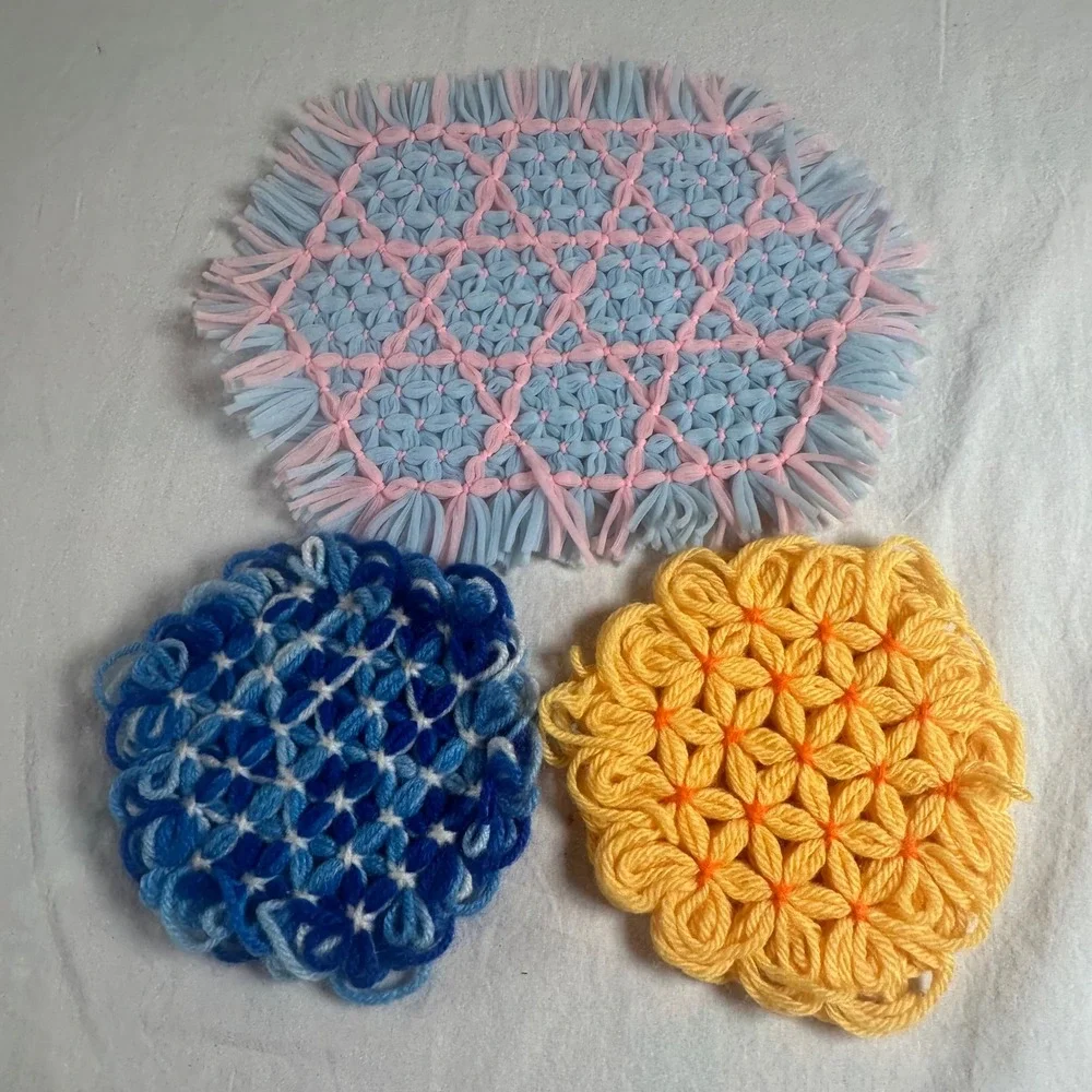 Vintage Handmade Yarn Loom Flower Trivets Coasters Set 3 Boho Retro Kitchen